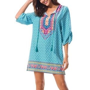 Urban Coco Blue & White Printed Boho V-Neck Half Sleeve Dress L